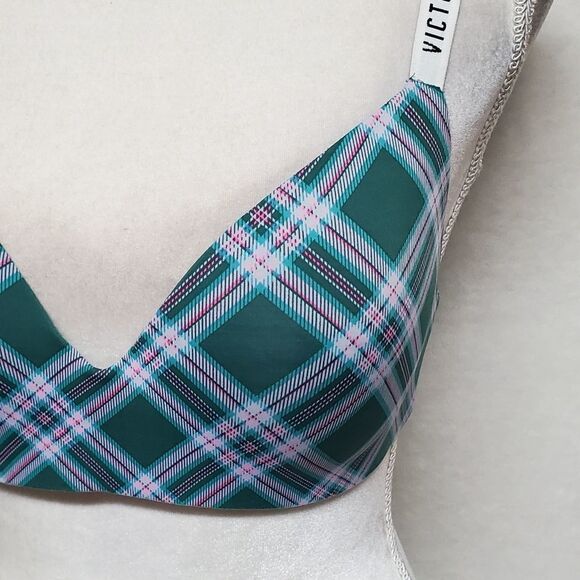 VICTORIA'S Secret Lightly Lined Wireless T-shirt Bra Green Pink Plaid Spell Out - Picture 4 of 12